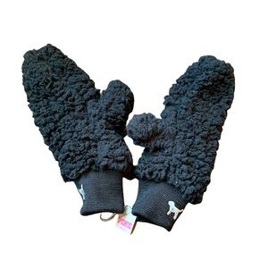 PINK Black Fluffy Sherpa Mittens